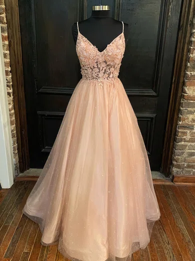 Ball Gown V-neck Tulle Beaded Prom Dresses With Appliques #Milly020116323