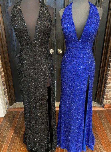 Sheath/Column Halter Sequined Sweep Train Prom Dresses With Split Front S020116365