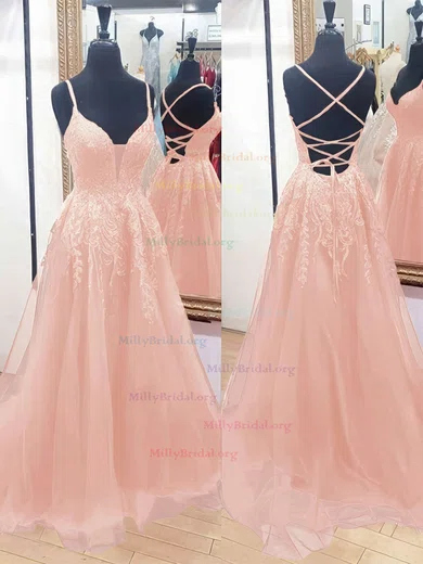 Backless Appliques Pink V Neck Tulle Sweep Train Wedding Dress Backless Appliques Pink V Neck Tulle Sweep Train Wedding Dress
