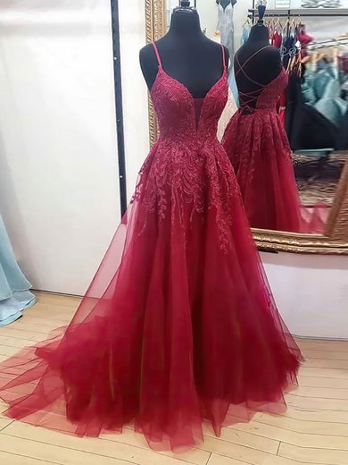 Ball Gown V-neck Tulle Sweep Train Appliques Lace Prom Dresses #Milly020116409