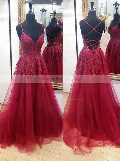 Red Tulle A-line Prom Dresses With Lace Appliques MP792