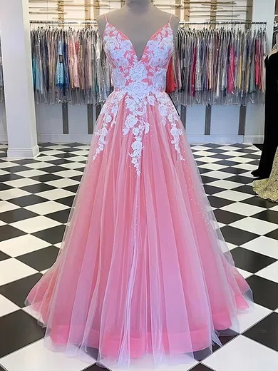 Ball Gown V-neck Floor-length Tulle Prom Dresses With Appliques #Milly020116411