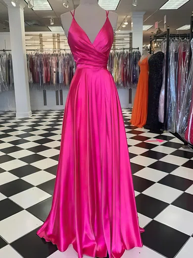 A-line V-neck Floor-length Satin Prom Dresses With Ruched #Milly020116416