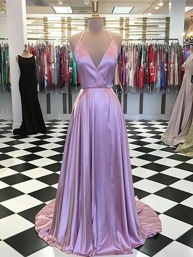 A-line V-neck Silk-like Satin Sweep Train Prom Dresses #Milly020116417