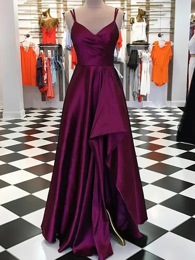 A-line V-neck Floor-length Satin Prom Dresses With Ruched #Milly020116425