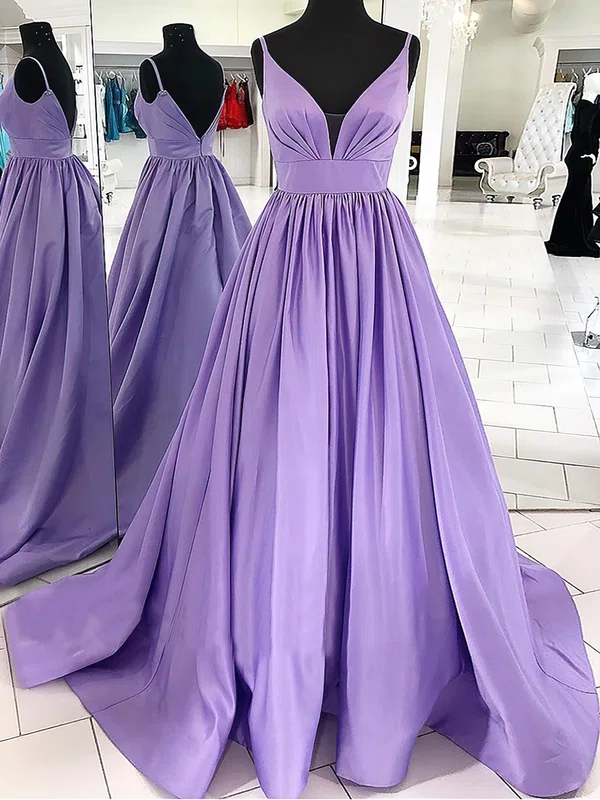 Ball Gown V-neck Satin Sweep Train Ruffles Prom Dresses #Milly020116426