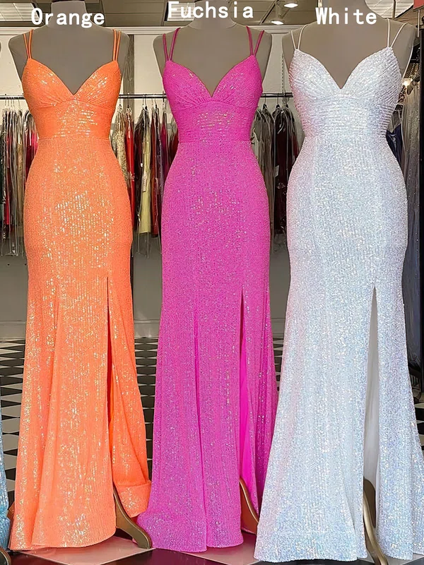 Sheath/Column V-neck Sequined Sweep Train Prom Dresses With Split Front #Milly020116431