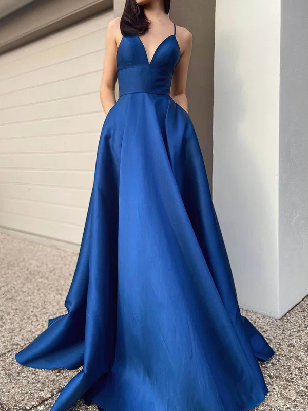 Ball Gown V-neck Satin Sweep Train Pockets Prom Dresses #Milly020116434