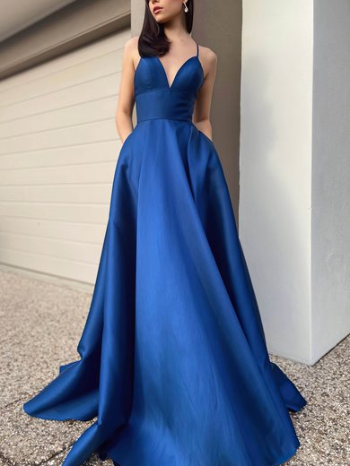 Ball Gown V-neck Satin Sweep Train Pockets Prom Dresses #Milly020116434