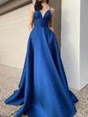 Ball Gown V-neck Satin Sweep Train Pockets Prom Dresses #Milly020116434