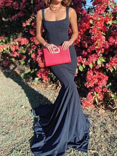 Black Mermaid Square Neck Stretch Crepe Modest Prom Dresses #Milly020116446