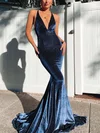 Trumpet/Mermaid V-neck Shimmer Crepe Sweep Train Prom Dresses With Ruffles S020116448