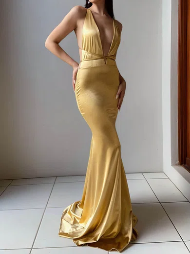 Trumpet/Mermaid V-neck Satin Sweep Train Formal Dresses With Ruffles PT020116451