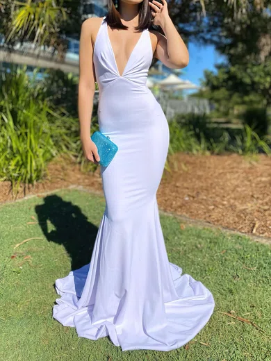 White Mermaid V-neck Jersey Prom Dresses With Ruched #Milly020116457