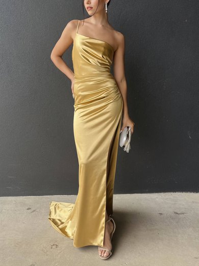 Sheath/Column One Shoulder Silk-like Satin Sweep Train Prom Dresses With Split Front #Milly020116460