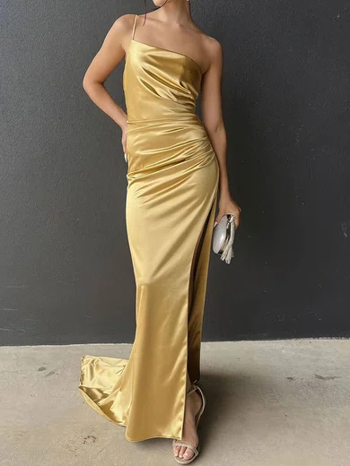 Sheath/Column One Shoulder Satin Prom Dresses With Ruched #Milly020116460