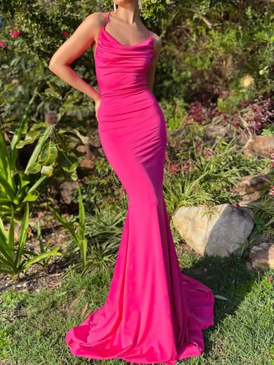 Sheath/Column Cowl Neck Satin Sweep Train Formal Dresses With Ruffles PT020116466