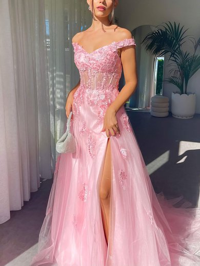 Ball Gown Off-the-shoulder Tulle Sweep Train Prom Dresses With Appliques Lace #Milly020116467
