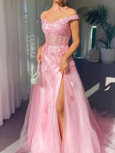 Ball Gown Off-the-shoulder Tulle Corset Prom Dresses With Appliques #Milly020116467