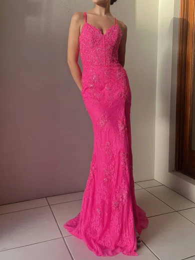 Sheath/Column V-neck Lace Tulle Prom Dresses With Appliques #Milly020116468