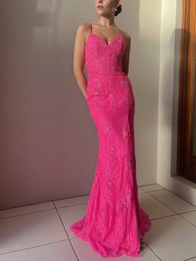 Sheath/Column V-neck Lace Tulle Sweep Train Appliques Lace Prom Dresses #Milly020116468