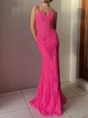 Sheath/Column V-neck Lace Tulle Sweep Train Appliques Lace Prom Dresses #Milly020116468