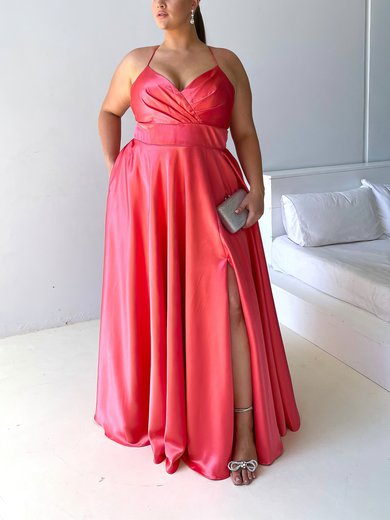 A-line V-neck Silk-like Satin Floor-length Ruffles Prom Dresses #Milly020116471
