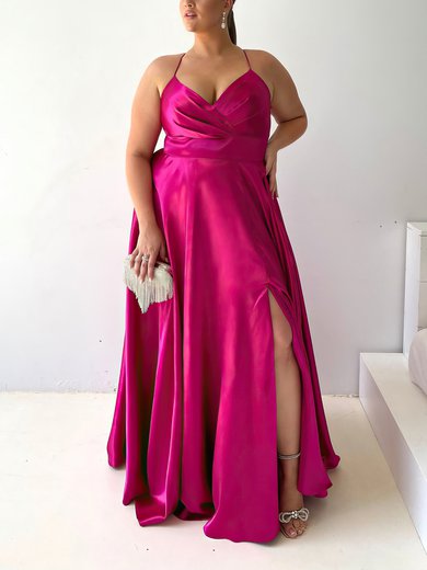 A-line V-neck Silk-like Satin Floor-length Prom Dresses With Split Front #Milly020116472