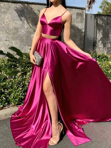 Ball Gown V-neck Satin Sweep Train Formal Dresses With Split Front PT020116473
