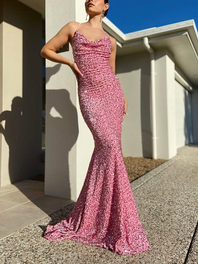 Trumpet/Mermaid Cowl Neck Velvet Sequins Sweep Train Prom Dresses With Ruffles #Milly020116477
