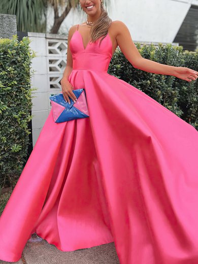 Ball Gown V-neck Satin Sweep Train Prom Dresses #Milly020116478