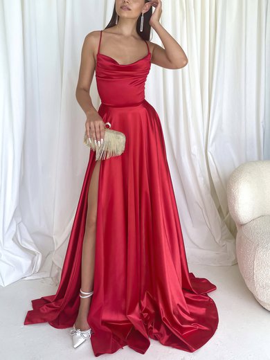 A-line Cowl Neck Silk-like Satin Sweep Train Prom Dresses With Split Front #Milly020116489
