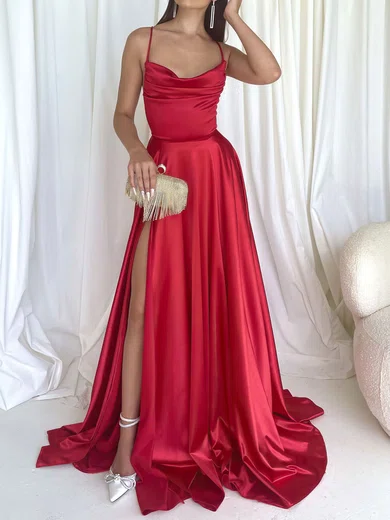 Red A-line Cowl Neck Satin Prom Dresses With Ruched #Milly020116489