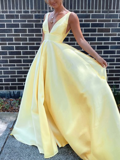 Ball Gown V-neck Satin Sweep Train Prom Dresses #Milly020116505