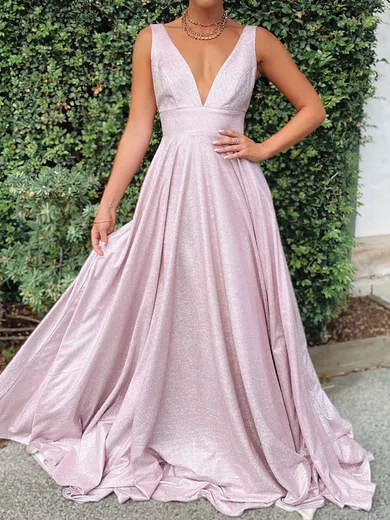 Ball Gown V neck Shimmer Crepe Sweep Train Prom Dresses millybridal