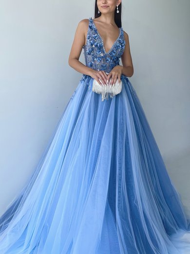 Ball Gown V-neck Tulle Sweep Train Prom Dresses With Flower(s) #Milly020116520