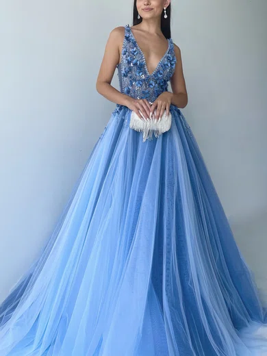 Royal Blue Princess Tulle Prom Dresses With Lace Appliques, Formal Dress,  MP644