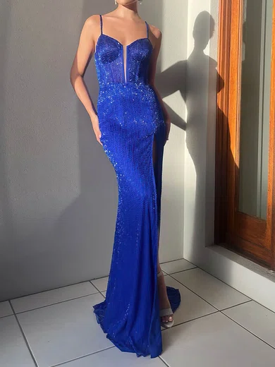 Sheath/Column V-neck Sequined Sweep Train Prom Dresses With Split Front S020116521
