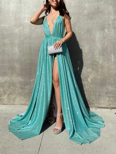 Ball Gown V-neck Shimmer Crepe Sweep Train Prom Dresses With Split Front #Milly020116541