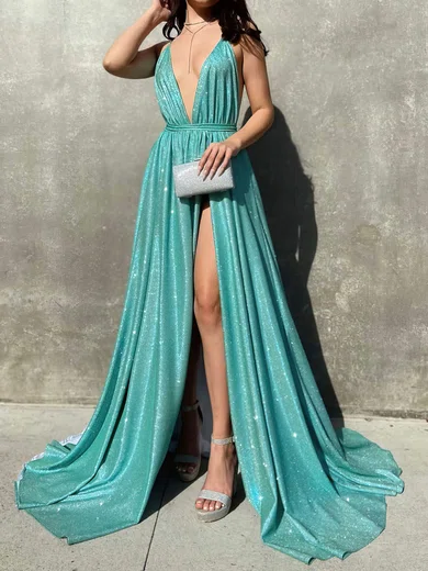 Ball Gown V-neck Backless Sparkly Prom Dresses With Ruched #Milly020116541