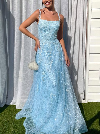 Ball Gown Square Neckline Sequined Sweep Train Prom Dresses With Appliques Lace #Milly020116563
