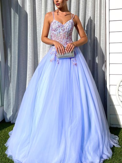 Ball Gown V-neck Tulle Sweep Train Prom Dresses With Appliques Lace #Milly020116569