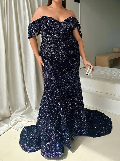 Sheath/Column Off-the-shoulder Sparkly Velvet Sequin Prom Dresses #Milly020116579
