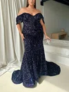 Sheath/Column Off-the-shoulder Velvet Sequins Sweep Train Prom Dresses #Milly020116579