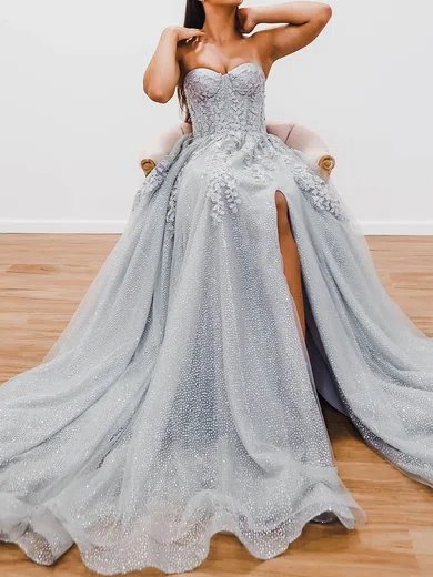 Ball Gown Strapless Glitter Tulle Prom Dresses With Appliques #Milly020116604