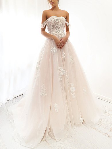 Ball Gown Off-the-shoulder Tulle Sweep Train Prom Dresses With Appliques Lace #Milly020116620