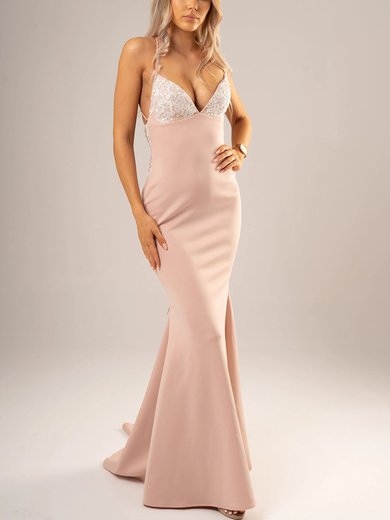 Trumpet/Mermaid V-neck Stretch Crepe Sweep Train Prom Dresses With Appliques Lace #Milly020116631