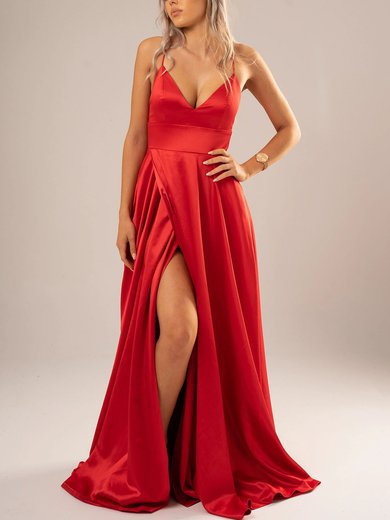 A-line V-neck Silk-like Satin Sweep Train Prom Dresses With Split Front #Milly020116637
