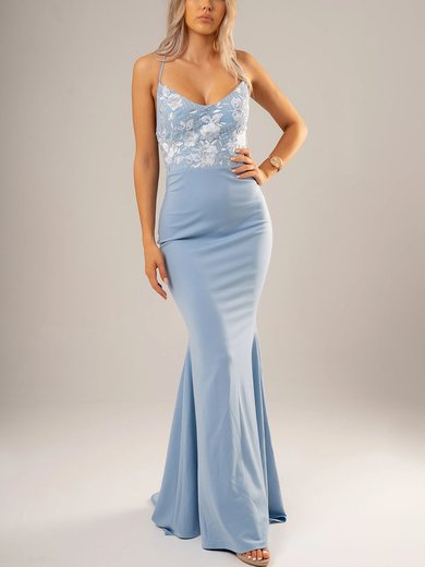 Trumpet/Mermaid V-neck Stretch Crepe Sweep Train Prom Dresses With Appliques Lace #Milly020116640