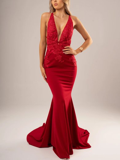 Trumpet/Mermaid V-neck Stretch Crepe Sweep Train Appliques Lace Prom Dresses #Milly020116641